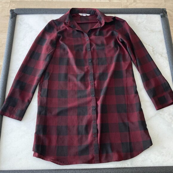 BB Dakota Kendrick plaid button down shirt dress, red burgundy maroon & black - Picture 3 of 6
